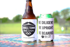 White Drink Koozies with Small Town Beard Company Logo